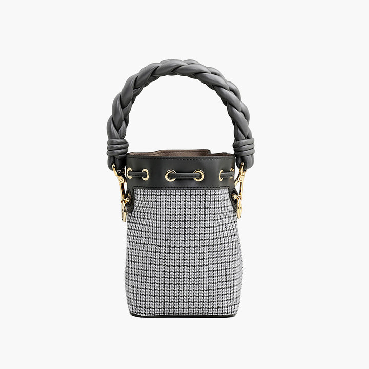 FENDI Mini Mon Tresor Bucket Bag in Grey Houndstooth Wool with Fendi Roma - Lovelo Room