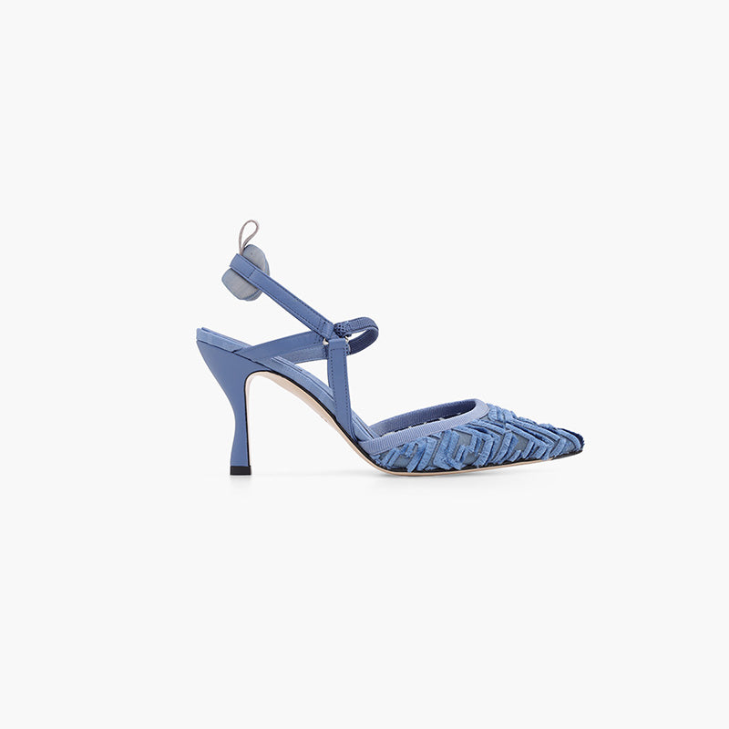FENDI Woman Colibri Lite Slingback Pumps 85mm in Blue Micro Mesh with Fringed FF Pattern - Lovelo Room