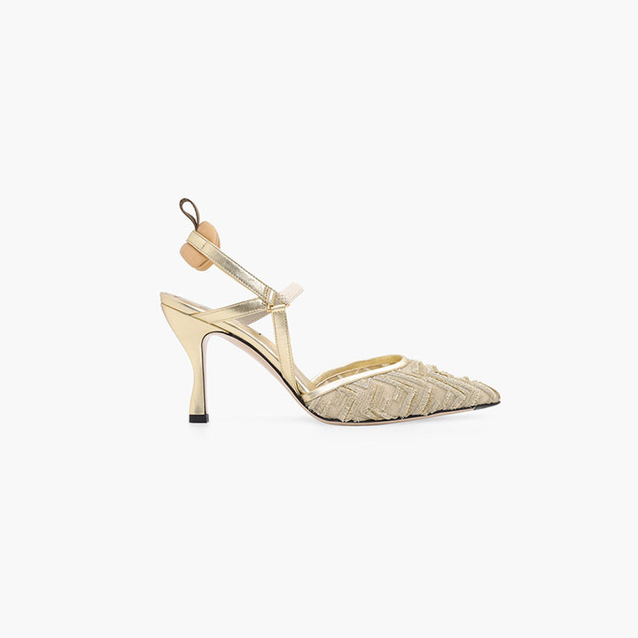 FENDI Woman Colibri Lite Slingback Pumps 85mm in Gold Micro Mesh with Fringed FF Pattern - Lovelo Room