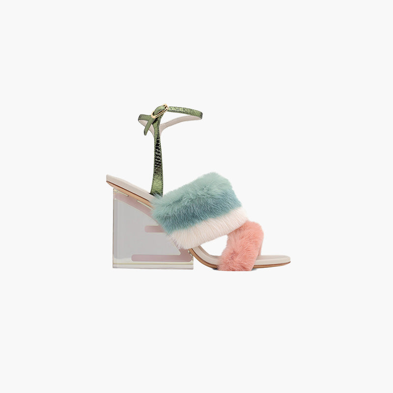 FENDI Woman First Ankle Strap Sandals 95mm in Pink or White or Teal Mink with Diagonal F Transparent Heel - Lovelo Room