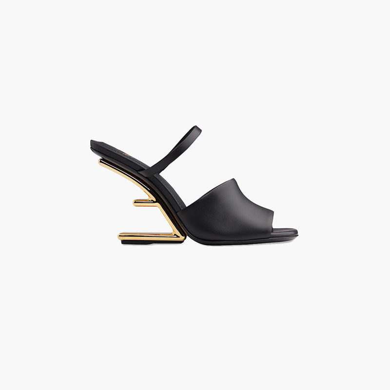 FENDI Woman First Open Toe Sandals 105mm in Black Leather with Diagonal FShaped Heels - Lovelo Room