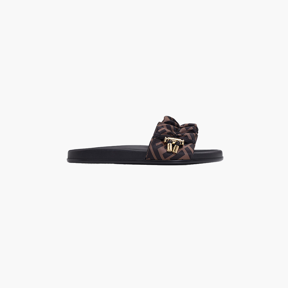 FENDI Women Feel FF Wide-Band Flat Slides in Brown/Black Satin - Lovelo Room
