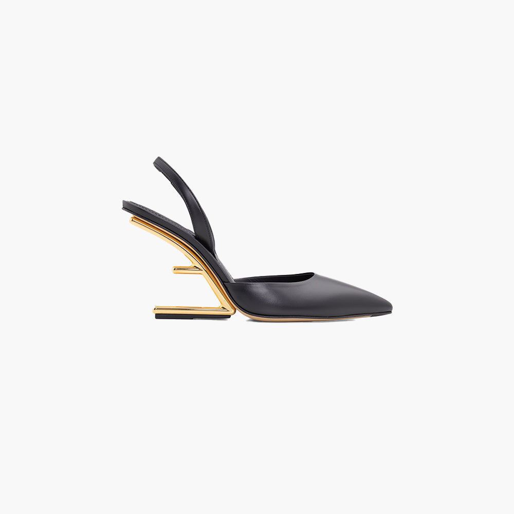 FENDI Women First Slingback Pumps 95mm in Black Leather with Diagonal F-Shaped Heels - Lovelo Room
