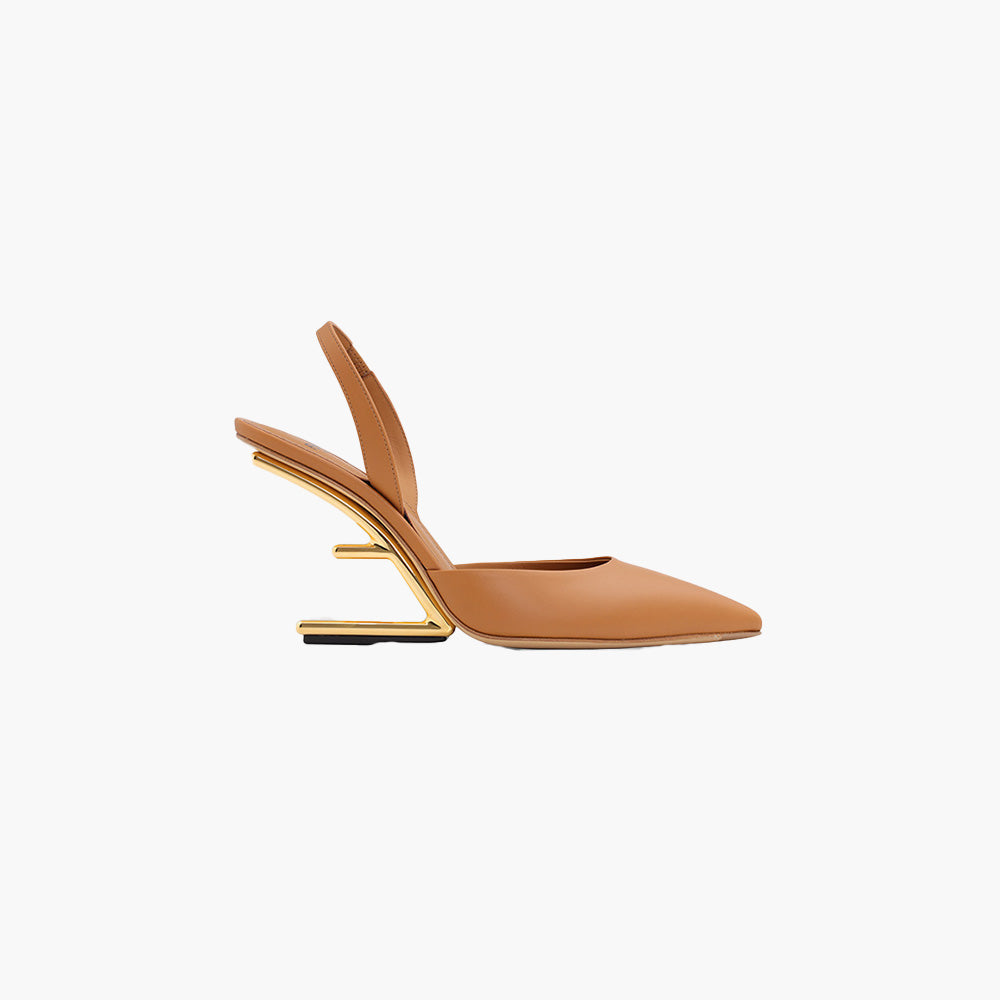 FENDI Women First Slingback Pumps 95mm in Brown Leather with Diagonal F-Shaped Heels - Lovelo Room