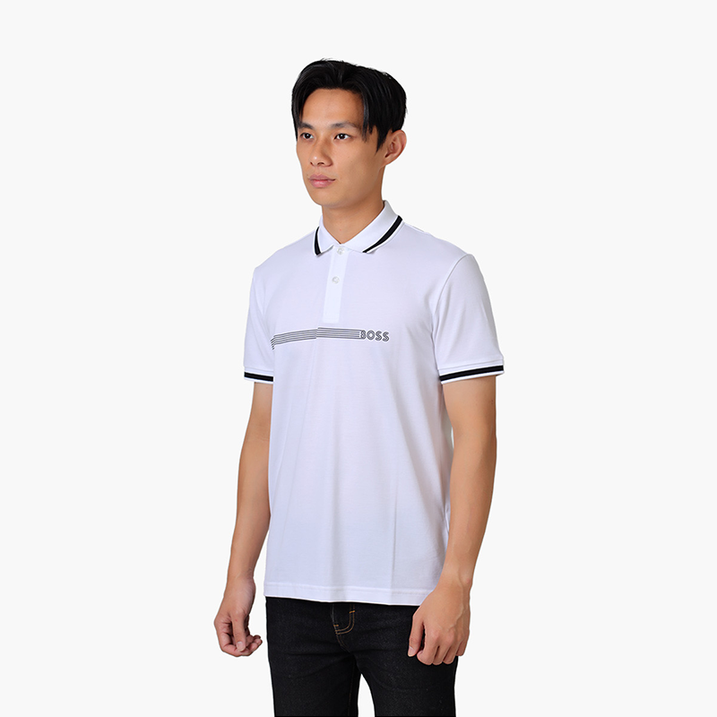 HUGO BOSS Men Paddy 1 Polo Shirt in White with Stripes and Logo - Lovelo Room