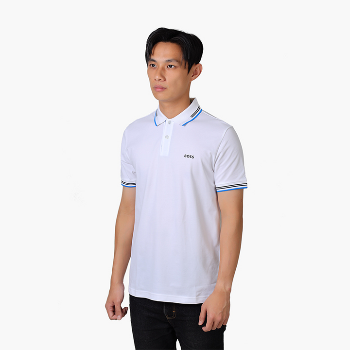 HUGO BOSS Men Paul Stretch Cotton Slim Fit Polo Shirt in White Blue with Logo - Lovelo Room