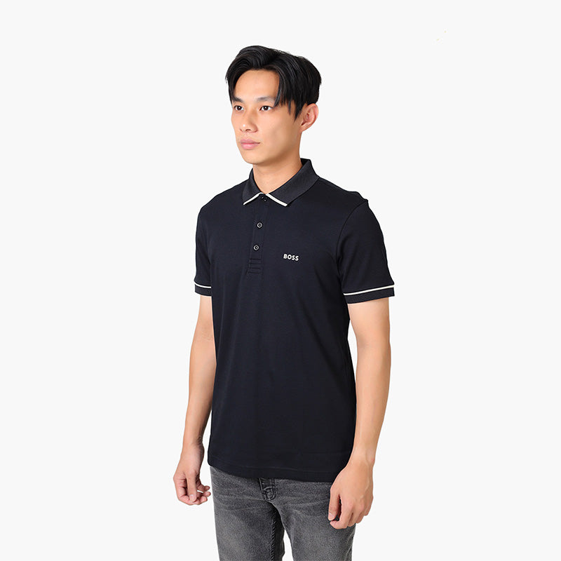 HUGO BOSS Men Paule Interlock Cotton Slim Fit Polo Shirt in Black with Contrast Trims - Lovelo Room