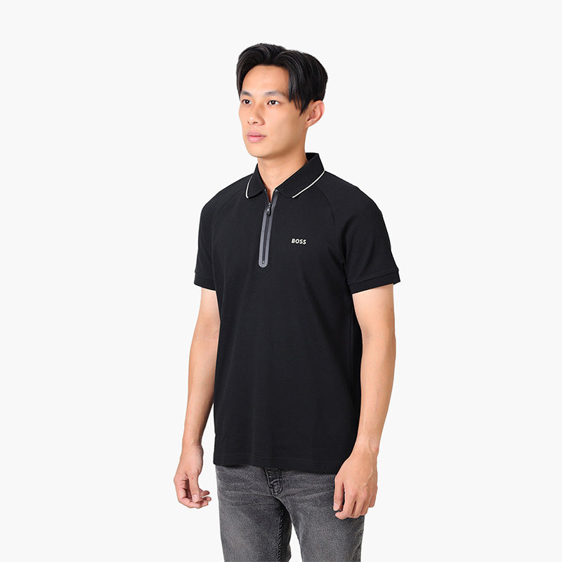 HUGO BOSS Men Philix Structured Cotton Polo Shirt in Black with Contrast Logo - Lovelo Room