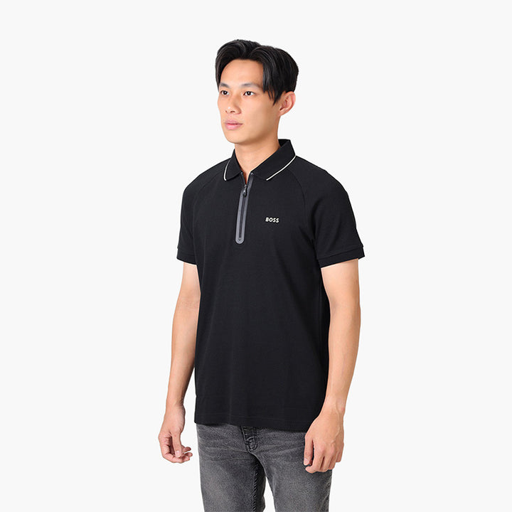 HUGO BOSS Men Philix Structured Cotton Polo Shirt in Black with Contrast Logo - Lovelo Room