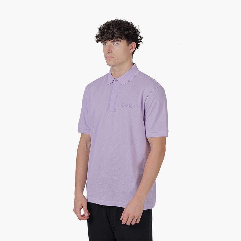 HUGO BOSS Men Piocomfort Warp Knit Cotton Polo Shirt in Light Purple with Embossed Logo - Lovelo Room