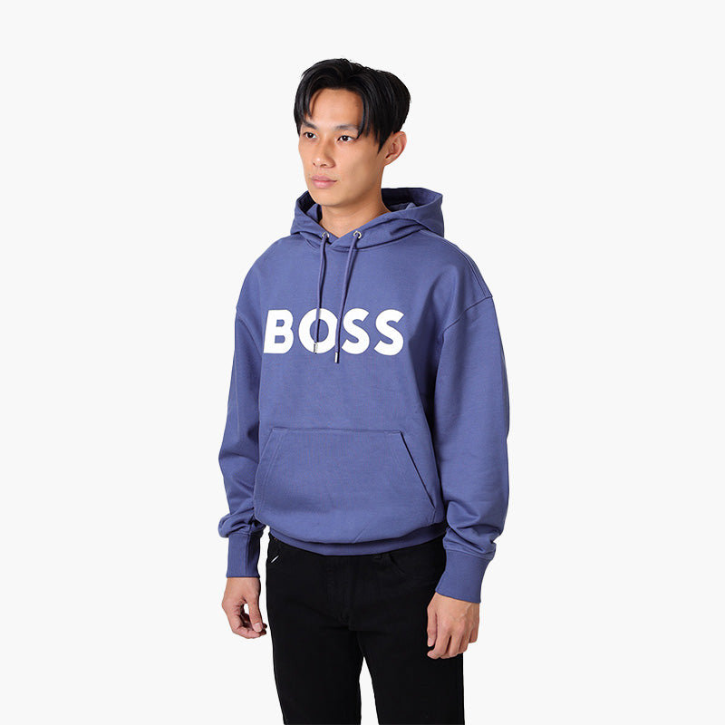 HUGO BOSS Men Sullivan 16 Cotton Terry Rubber Print Logo Sweatshirt in Air Force Blue with Hoodie - Lovelo Room