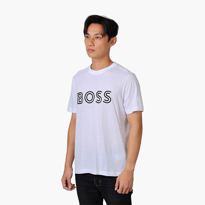HUGO BOSS Men Tee 1 Cotton Jersey Regular Fit T-Shirt in White with Logo Artwork - Lovelo Room