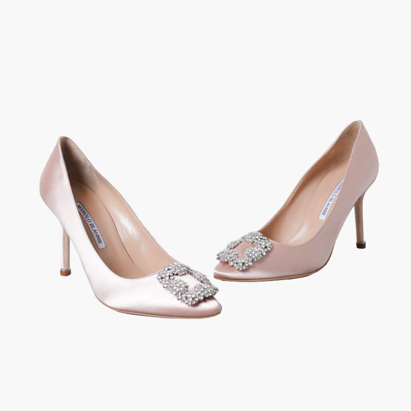 MANOLO BLAHNIK Hangisi 9cm Pumps in Dark Nude Satin with White Crystal - Lovelo Room