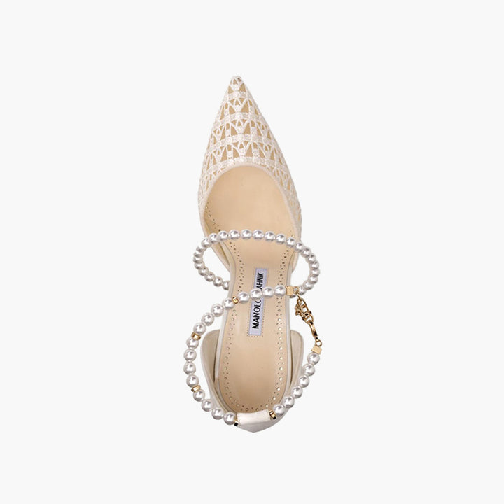 MANOLO BLAHNIK Riona Ankle Strap Pumps 10.5cm in Ivory Lace x Satin with Pearls - Lovelo Room