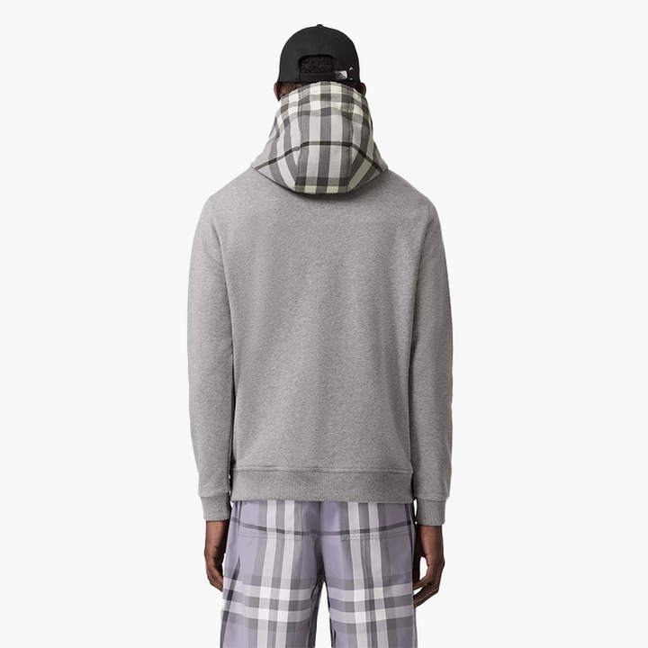 BURBERRY Men Check Hood Cotton Sweatshirt in Pale Grey Melange with Hoodie