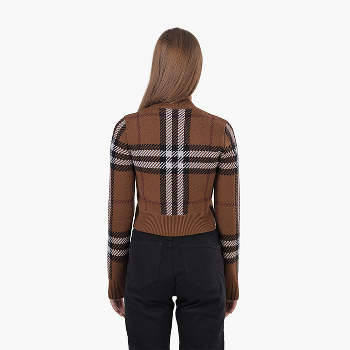 BURBERRY Women Kerry Check Turtleneck Cropped Sweater in Dark Birch Brown