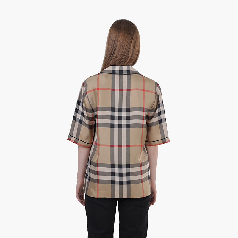 BURBERRY Women Tierney Vintage Check Silk Pajama Shirt in Archive Beige