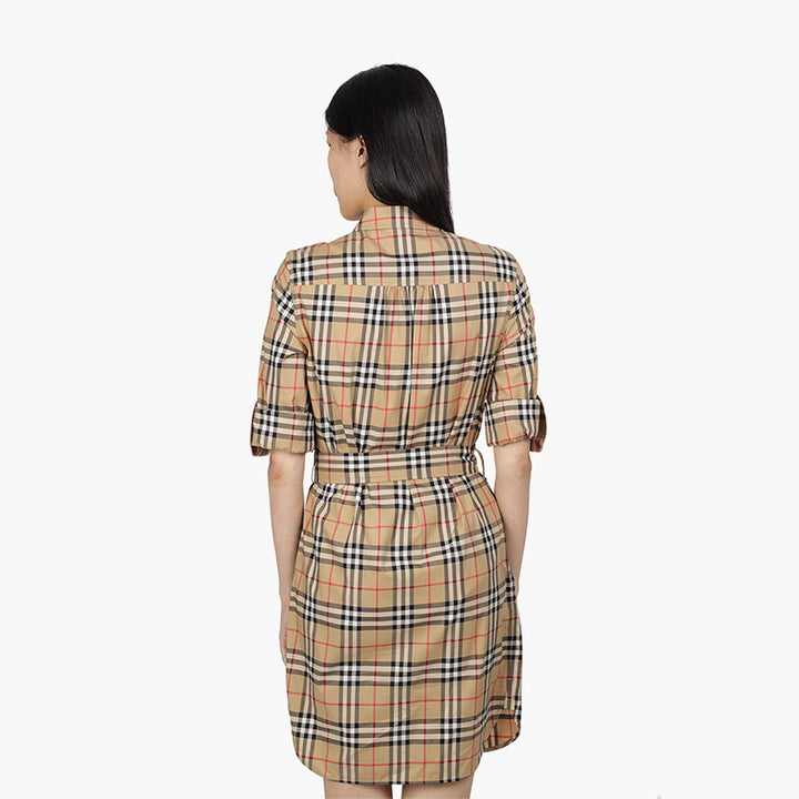 BURBERRY Women Vintage Check Stretch Cotton Tie-Waist Shirt Dress in Archive Beige - Lovelo Room