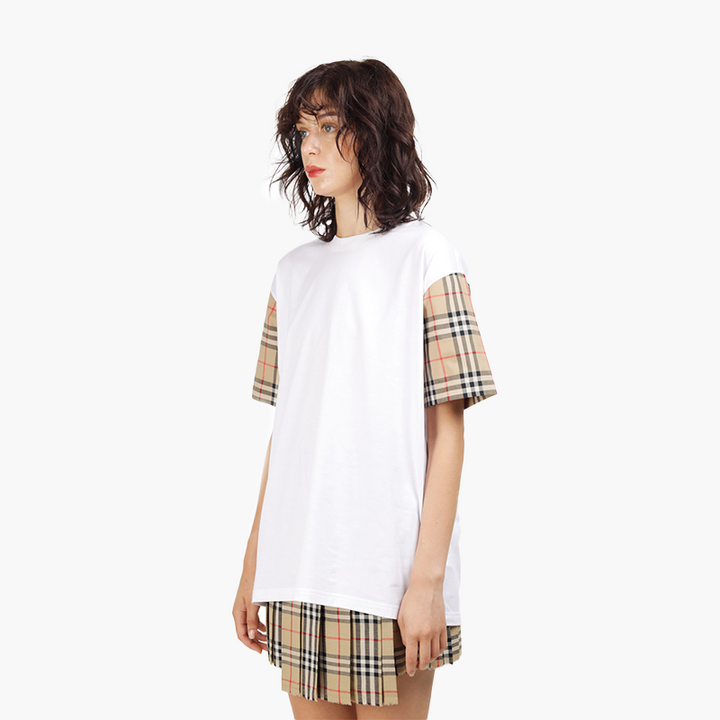 BURBERRY Women Vintage Check on Sleeves Oversized Tshirt in White Archive Beige