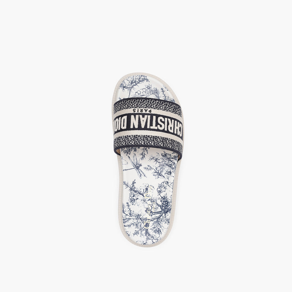 CHRISTIAN DIOR Dway Toile De Jouy Flowers Embroidered Slide Sandals in Deep Blue - Lovelo Room