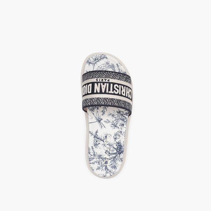 CHRISTIAN DIOR Dway Toile De Jouy Flowers Embroidered Slide Sandals in Deep Blue - Lovelo Room