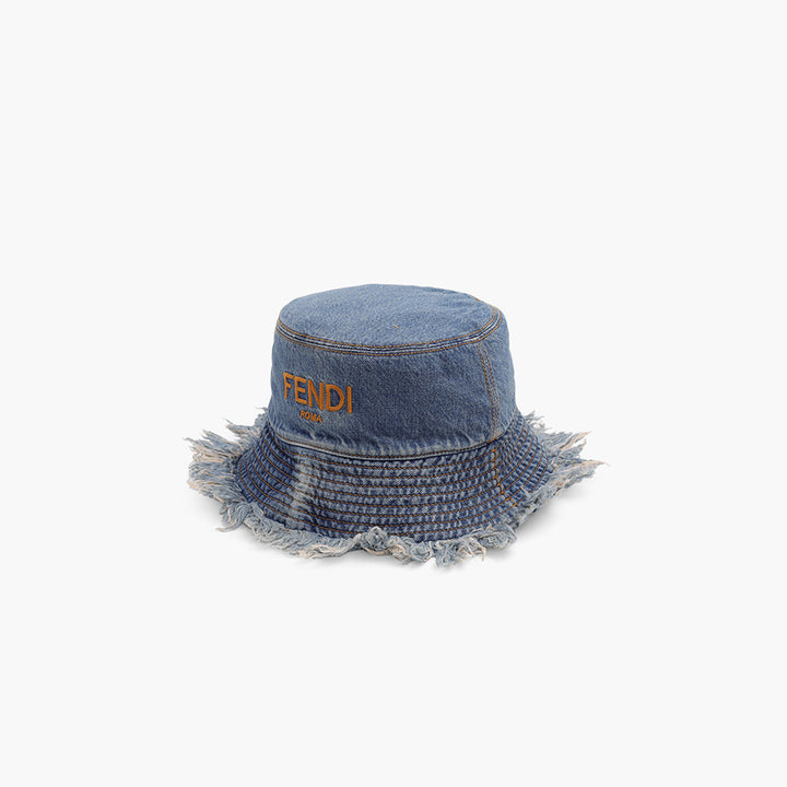 FENDI Logo Bucket Hat in Blue Denim With Fringed Edge - Lovelo Room