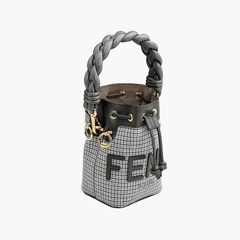 FENDI Mini Mon Tresor Bucket Bag in Grey Houndstooth Wool with Fendi Roma - Lovelo Room