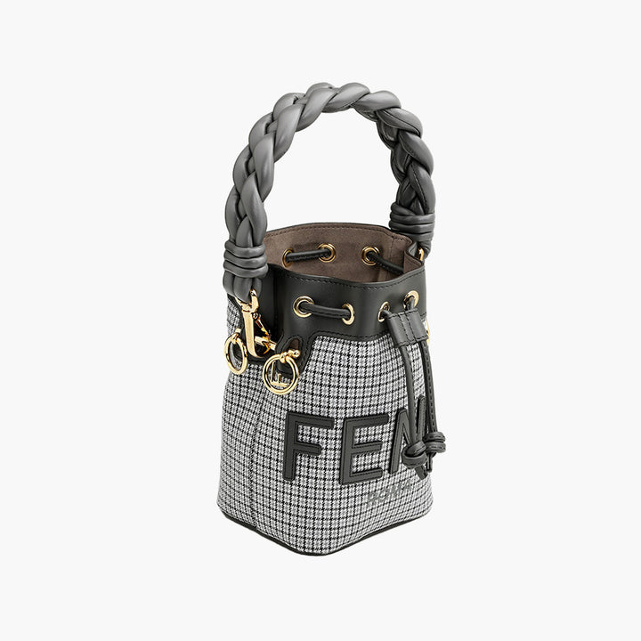 FENDI Mini Mon Tresor Bucket Bag in Grey Houndstooth Wool with Fendi Roma - Lovelo Room