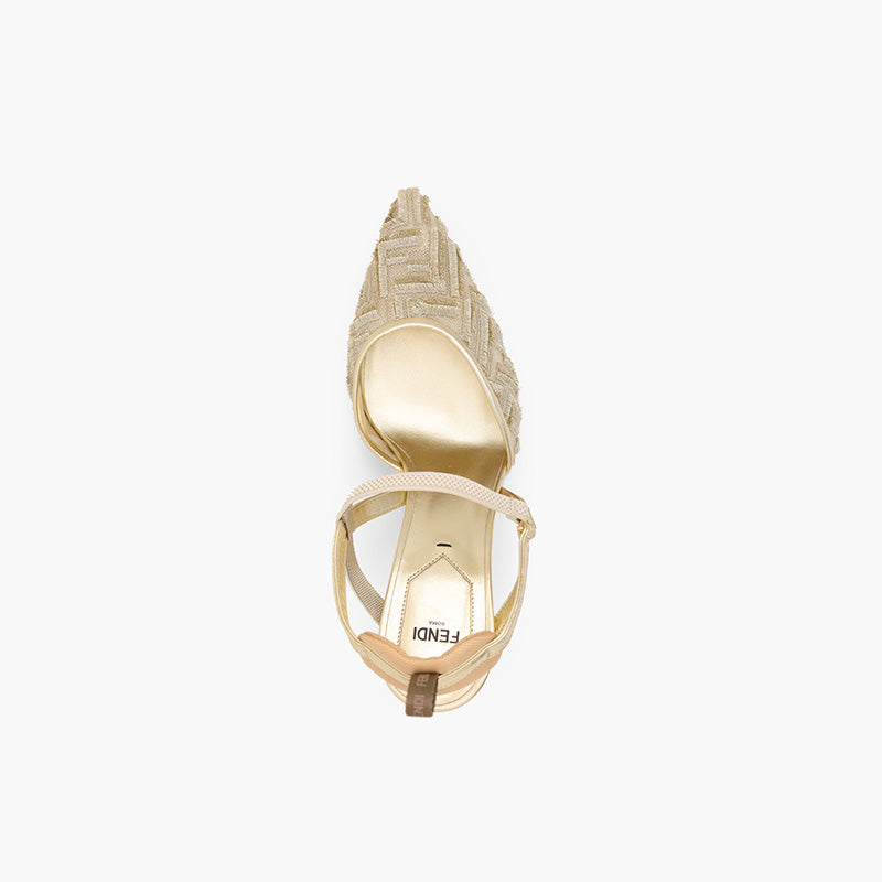 FENDI Woman Colibri Lite Slingback Pumps 85mm in Gold Micro Mesh with Fringed FF Pattern - Lovelo Room