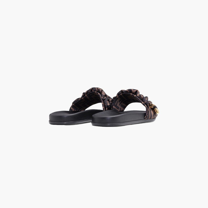 FENDI Women Feel FF Wide-Band Flat Slides in Brown/Black Satin - Lovelo Room