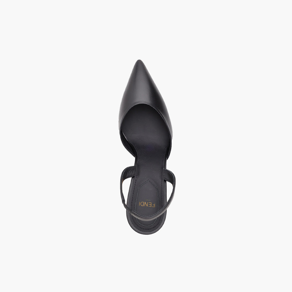 FENDI Women First Slingback Pumps 95mm in Black Leather with Diagonal F-Shaped Heels - Lovelo Room