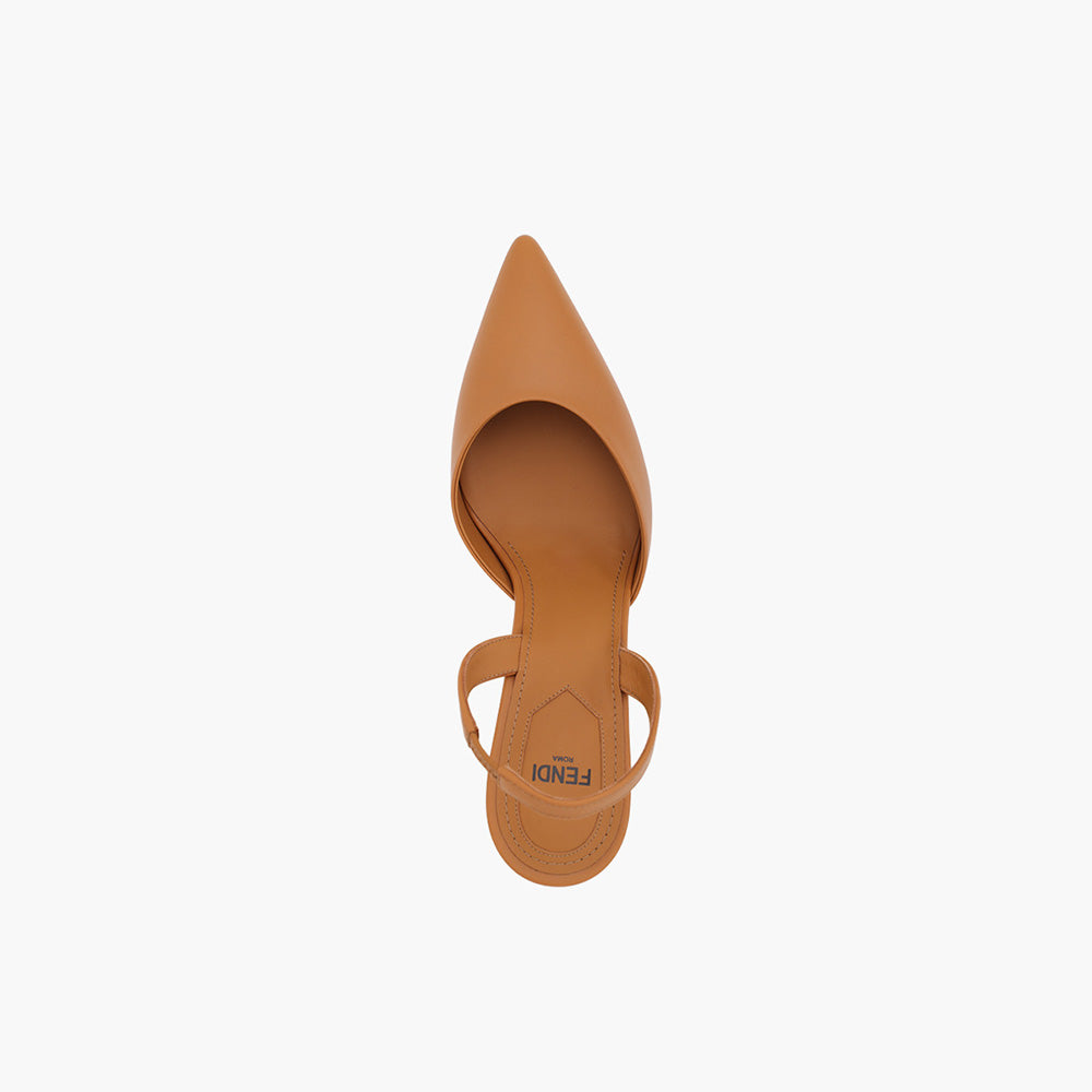 FENDI Women First Slingback Pumps 95mm in Brown Leather with Diagonal F-Shaped Heels - Lovelo Room