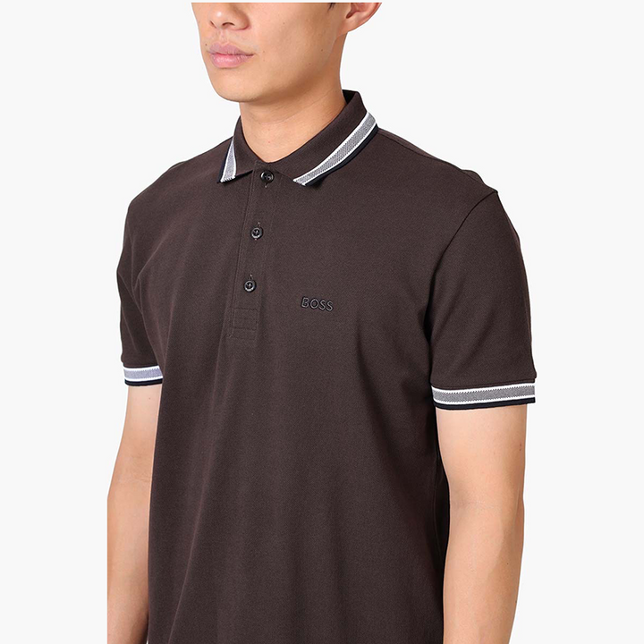 HUGO BOSS Men Paddy Organic Cotton Regular Fit Polo Shirt in Medium Brown with Contrast Logo Details - Lovelo Room