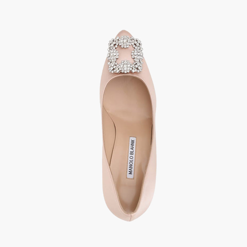 MANOLO BLAHNIK Hangisi 9cm Pumps in Dark Nude Satin with White Crystal - Lovelo Room