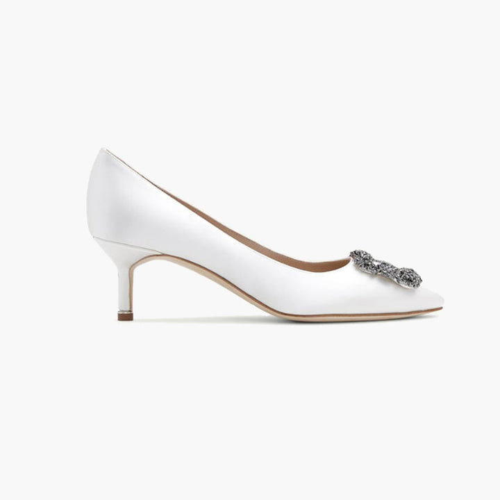 MANOLO BLAHNIK Hangisi 5cm Pumps in Cream Satin with Dark Crystal - Lovelo Room