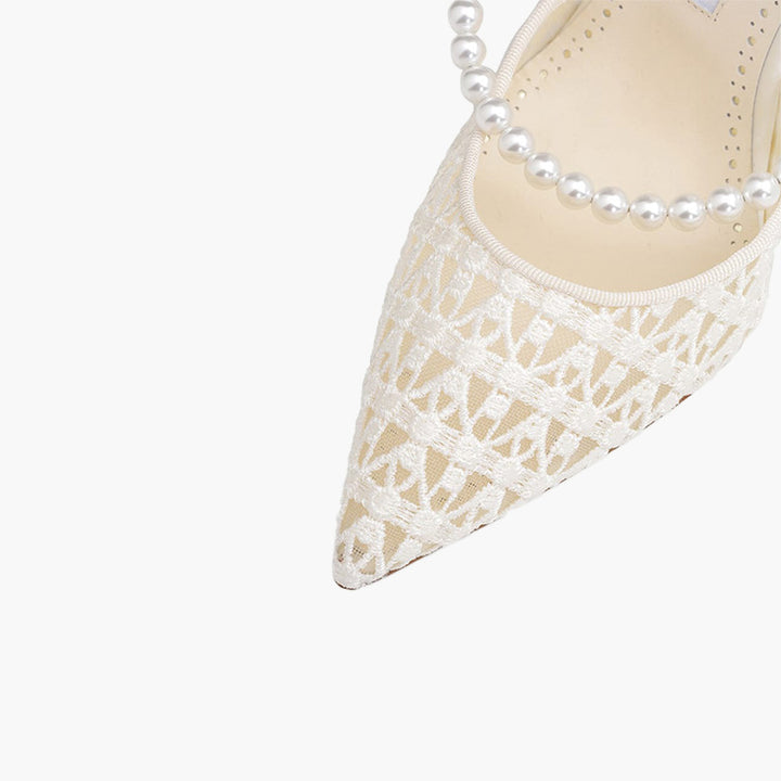 MANOLO BLAHNIK Riona Ankle Strap Pumps 10.5cm in Ivory Lace x Satin with Pearls - Lovelo Room