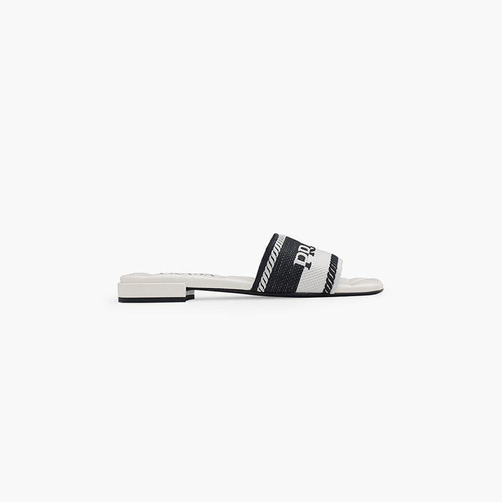 PRADA Women Embroidered Lettering Logo Slides in Black-Chalk White with Quilted Sole - Lovelo Room