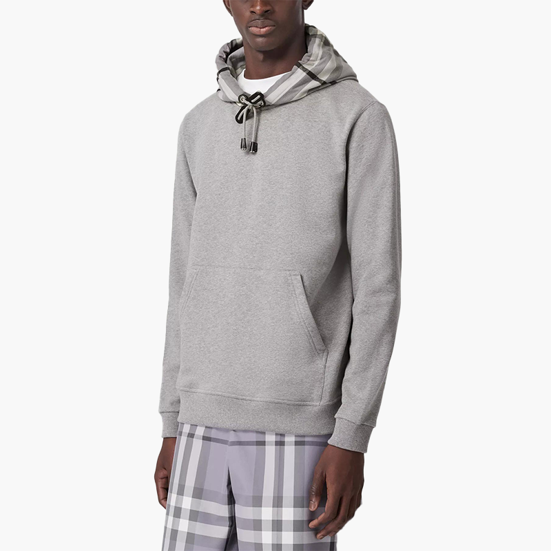 BURBERRY Men Check Hood Cotton Sweatshirt in Pale Grey Melange with Hoodie