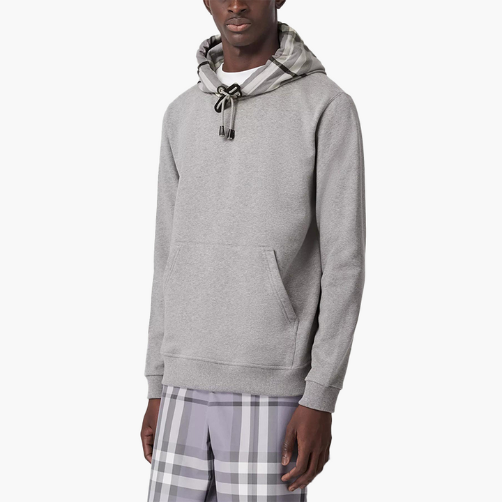 BURBERRY Men Check Hood Cotton Sweatshirt in Pale Grey Melange with Hoodie