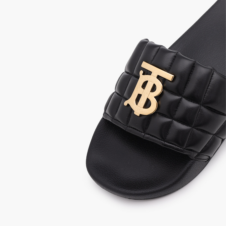 BURBERRY Women Monogram Motif Slides in Black Quilted Lambskin