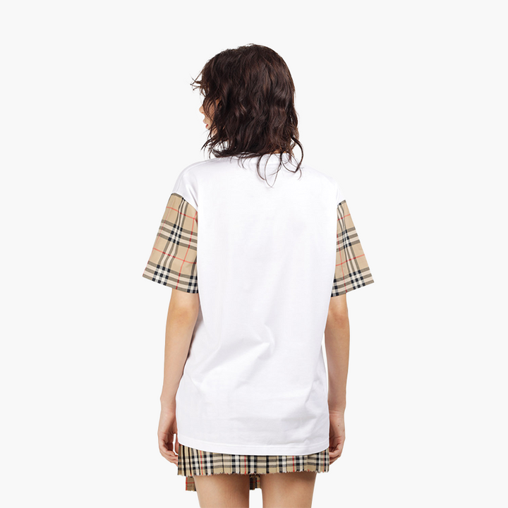 BURBERRY Women Vintage Check on Sleeves Oversized Tshirt in White Archive Beige