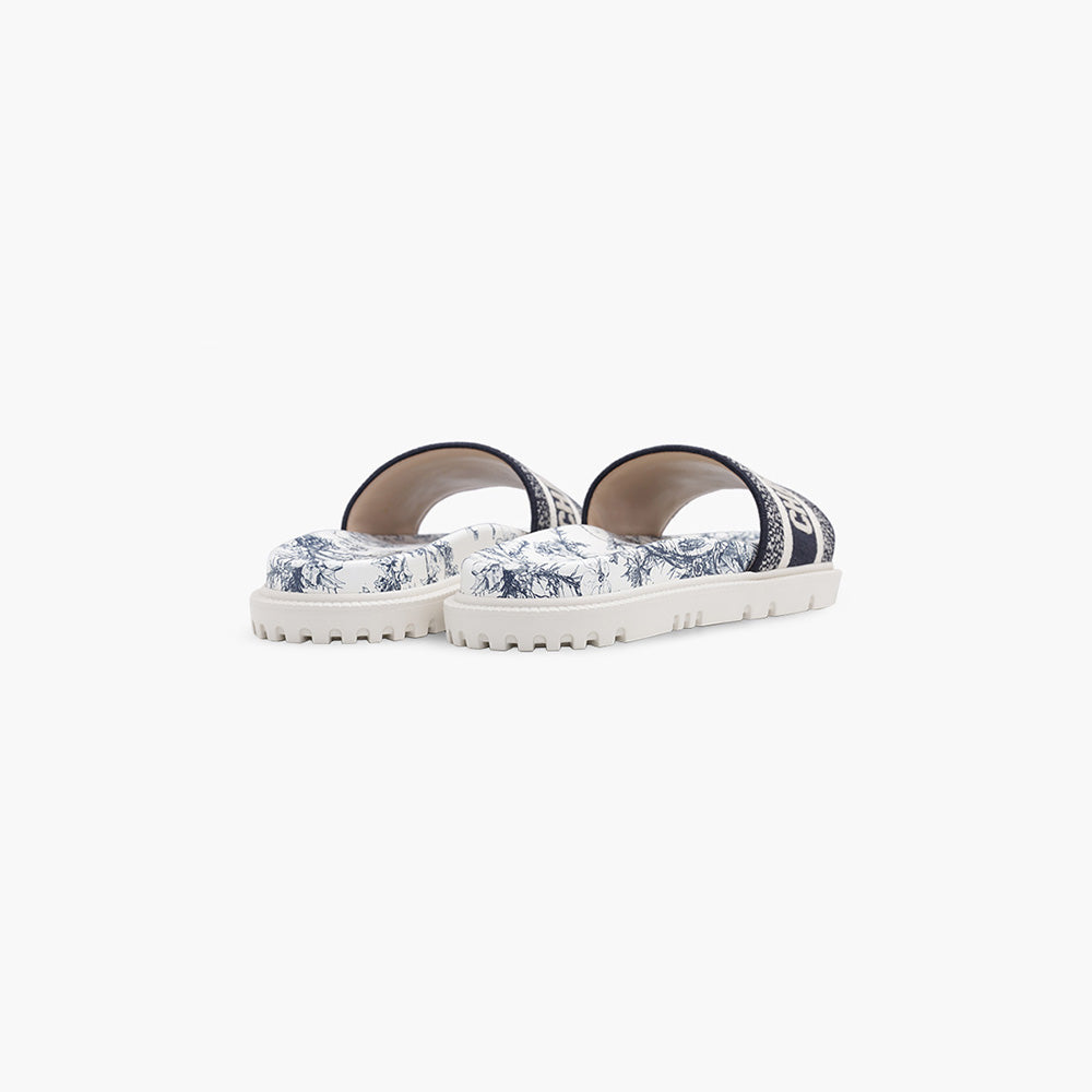 CHRISTIAN DIOR Dway Toile De Jouy Flowers Embroidered Slide Sandals in Deep Blue - Lovelo Room