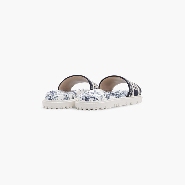 CHRISTIAN DIOR Dway Toile De Jouy Flowers Embroidered Slide Sandals in Deep Blue - Lovelo Room