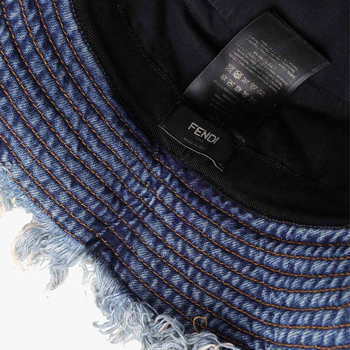 FENDI Logo Bucket Hat in Blue Denim With Fringed Edge - Lovelo Room