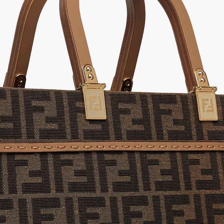 FENDI Medium Sunshine Fendi Roma Shopper Bag in Brown_Sand Fabric with Jacquard FF Motif - Lovelo Room