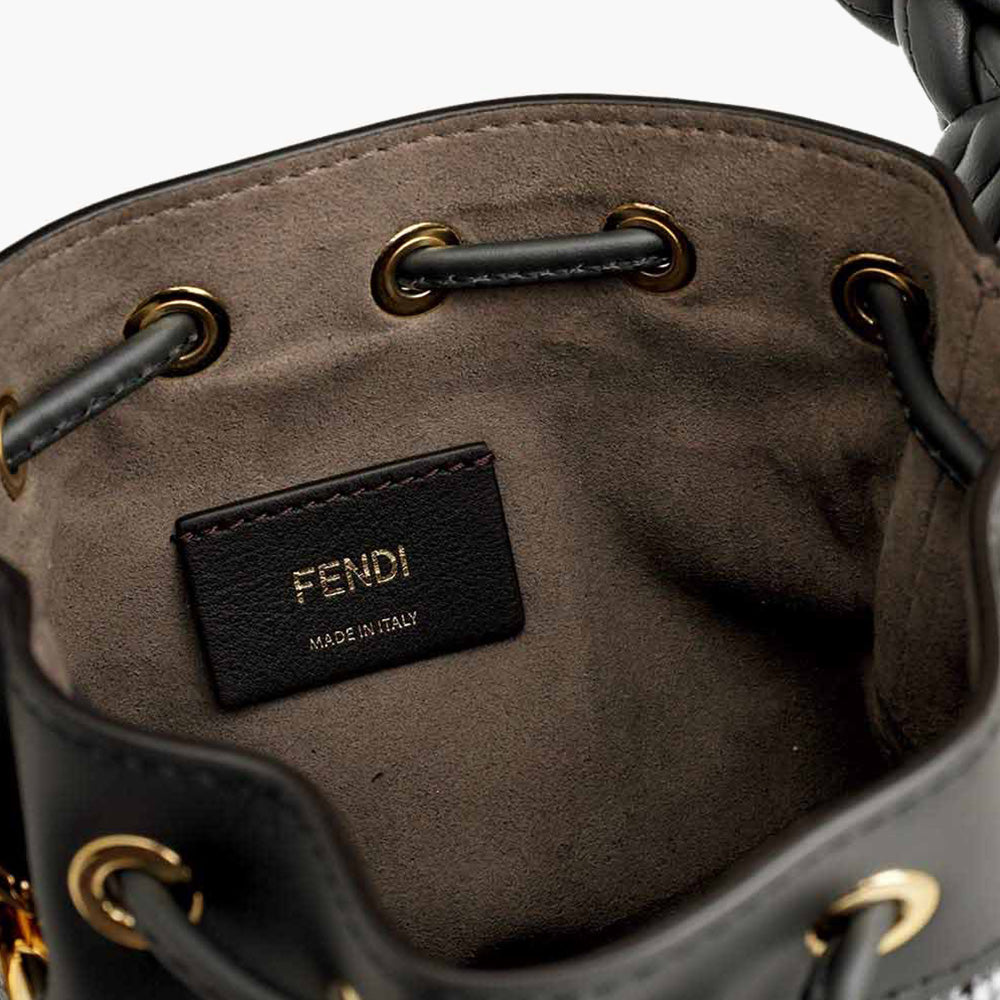 FENDI Mini Mon Tresor Bucket Bag in Grey Houndstooth Wool with Fendi Roma - Lovelo Room