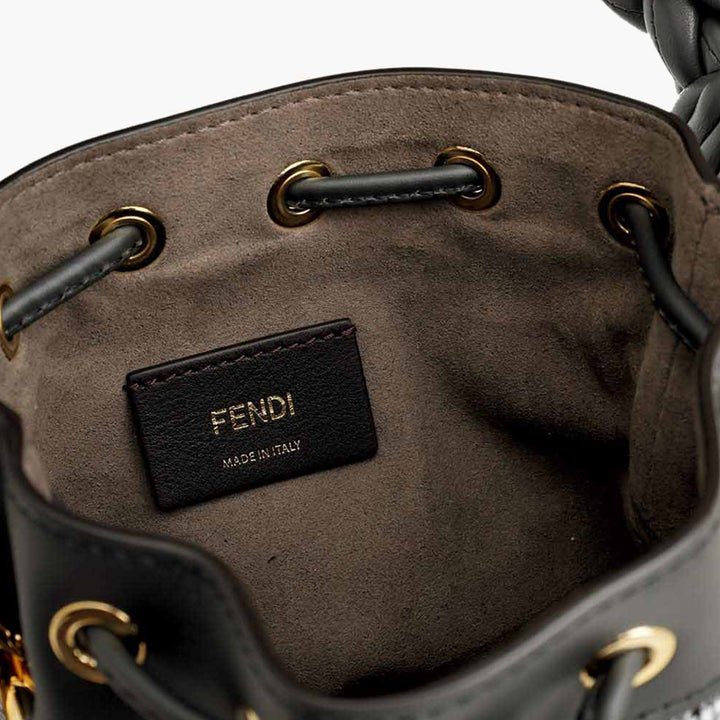 FENDI Mini Mon Tresor Bucket Bag in Grey Houndstooth Wool with Fendi Roma - Lovelo Room