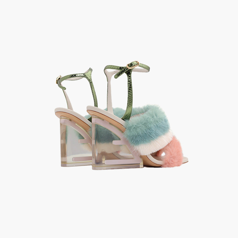 FENDI Woman First Ankle Strap Sandals 95mm in Pink or White or Teal Mink with Diagonal F Transparent Heel - Lovelo Room