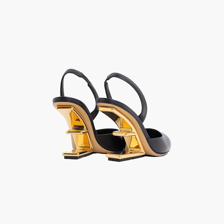 FENDI Women First Slingback Pumps 95mm in Black Leather with Diagonal F-Shaped Heels - Lovelo Room
