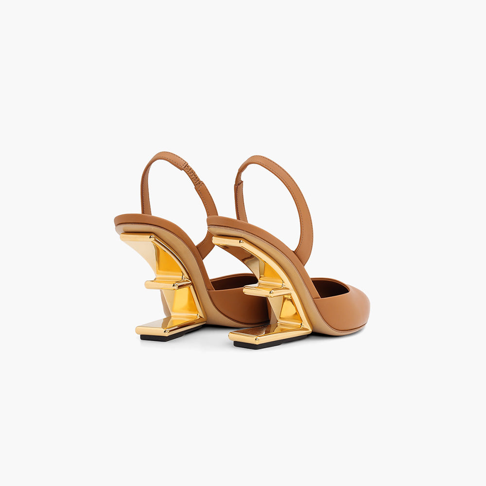 FENDI Women First Slingback Pumps 95mm in Brown Leather with Diagonal F-Shaped Heels - Lovelo Room